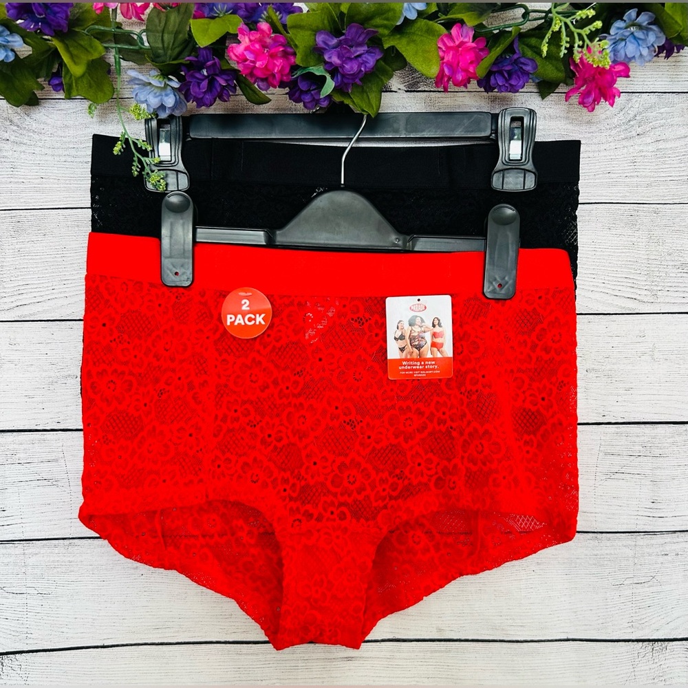 Parade Women’s Red Black Lace Mesh Boyshort Underwear L 2pk NWT